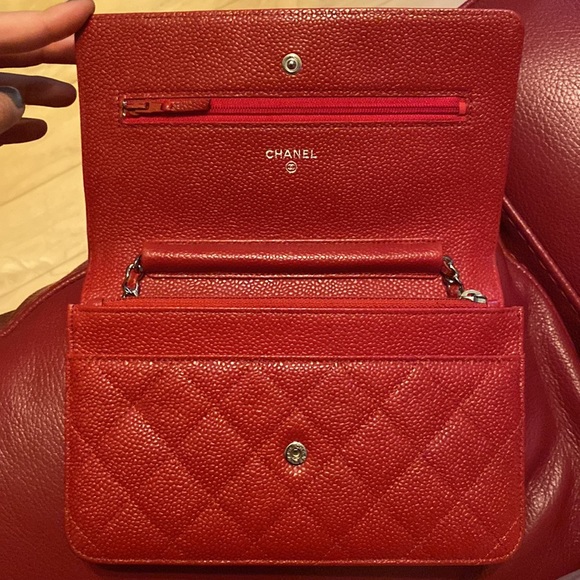 SOLD Authentic Chanel - Red Caviar with Silver Hardware Wallet on Chain - Picture 14 of 15